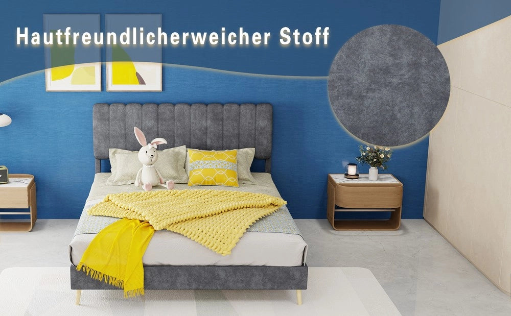 Letto Imbottito con Testiera Morbida ¨C MINIMAL ¨C Grigio 140x200 con Materasso