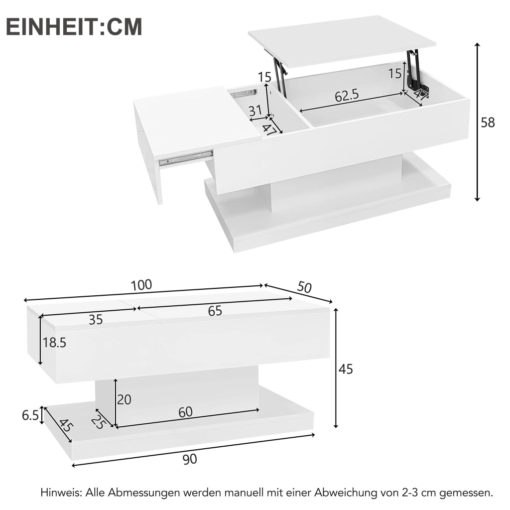 Tavolino da caffè 100x50x45 cm; piano sollevabile e scorrevole con LED; truciolare bianco