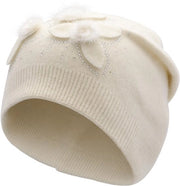 Cappello in Cotone a Maglia a Doppio Strato per Donna - Disegno Fiorale/Perle - Respirante - Mis Unica - Comodo - Adatto per Circonferenza Capo 56-60 cm - Cappello per Donna