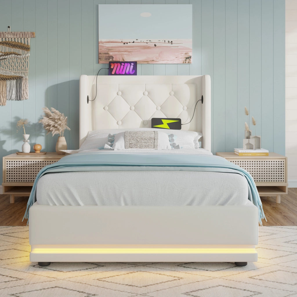 Letto singolo imbottito 90x200 cm in PU bianco, letto contenitore con USB Type-C, LED a 3 lati e materasso