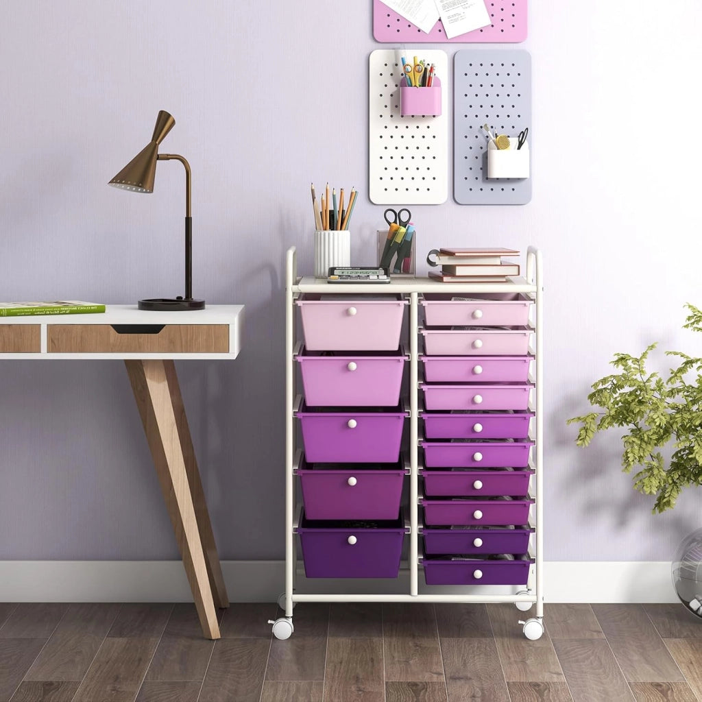Carrelli Porta Oggetti, con 10+5 Cassetti Impilabili, 2 Ruote Bloccabili, Braccioli Metallici, Portabile e Pratico, per Ufficio, Studio, Cucina,Bagno, 5 Colori Disponibili, 62,5x37x87 cm