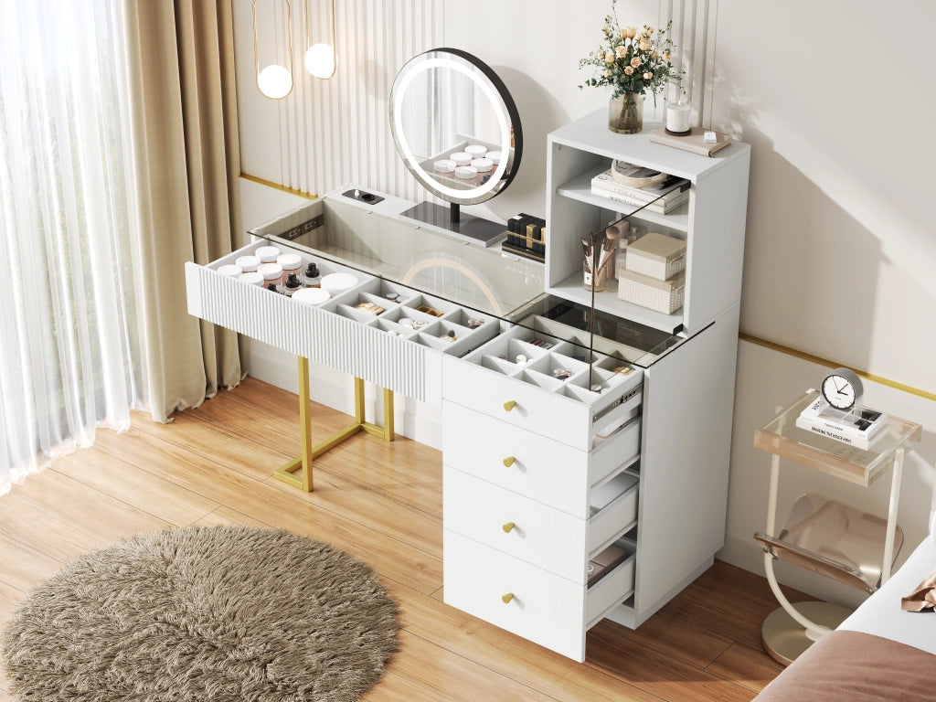 Tavolo da toeletta con specchio LED; piano vetro temperato; 5 cassetti e 1 mobiletto; Bianco; B120×P40×H120cm