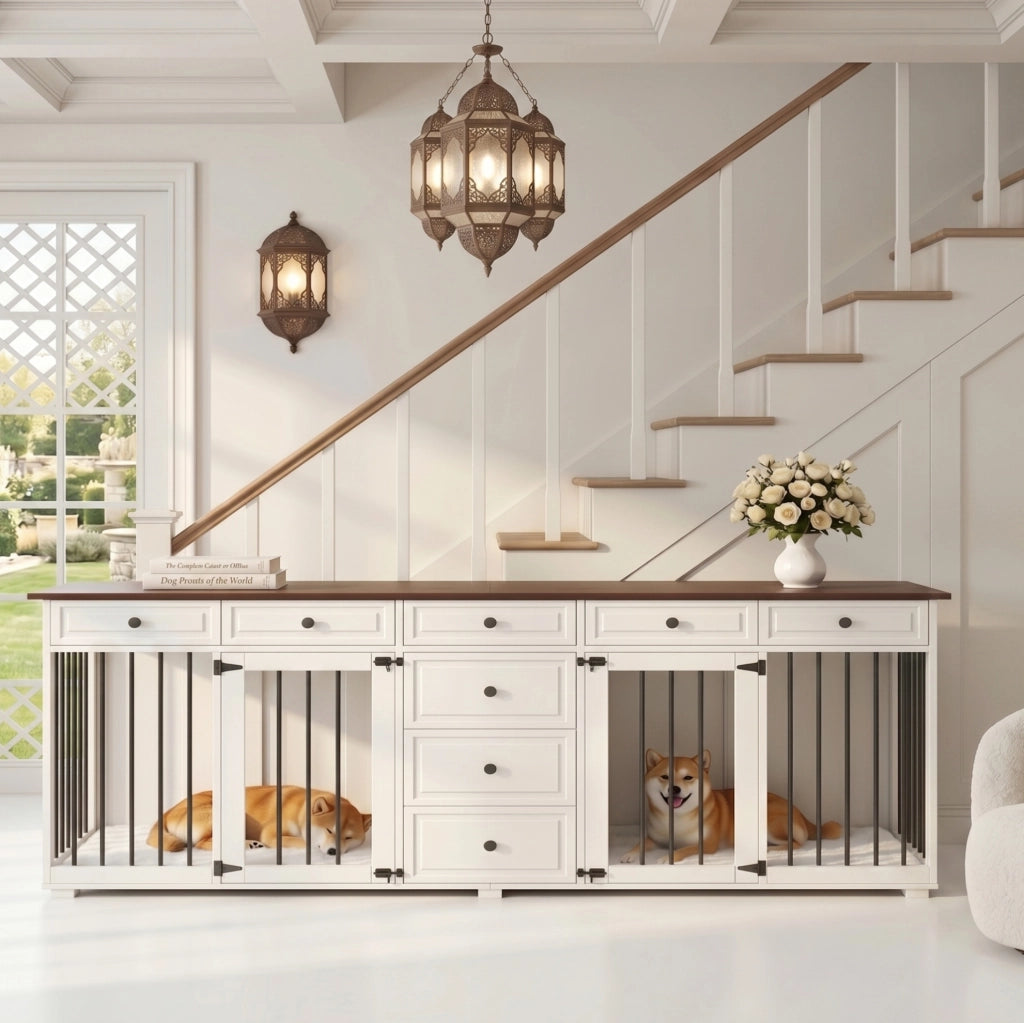 Mobile-gabbia per cani ULEVR 200x60x85 cm con 2 vani separati, 8 cassetti e chiusure di sicurezza, bianco e noce