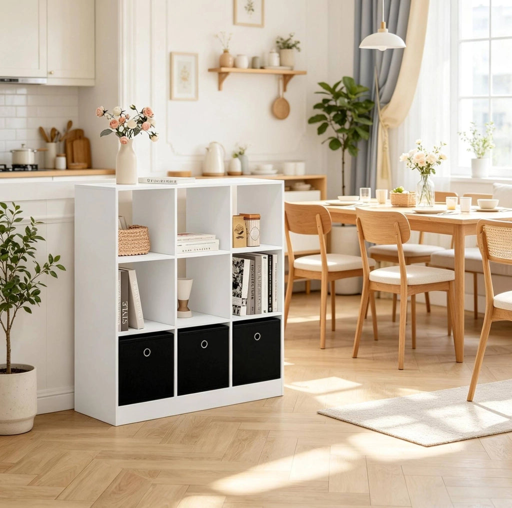 Libreria ULEVR 80x86,5x30 cm con vani a cubo e 3 cassetti in tessuto, bianco e nero