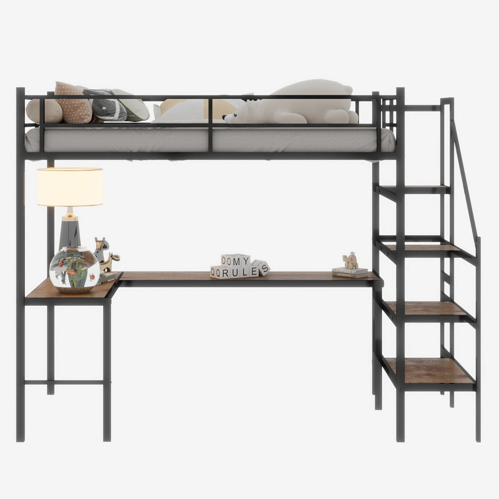 Letto a castello nero con scrivania a L funzione di stoccaggio ferro 90x190 cm
