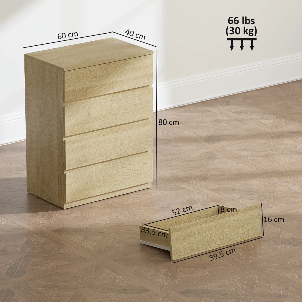 Cassettiera 4 Cassetti in Legno con Guide in Metallo e Maniglie Scanalate, 60x40x80 cm, color Faggio