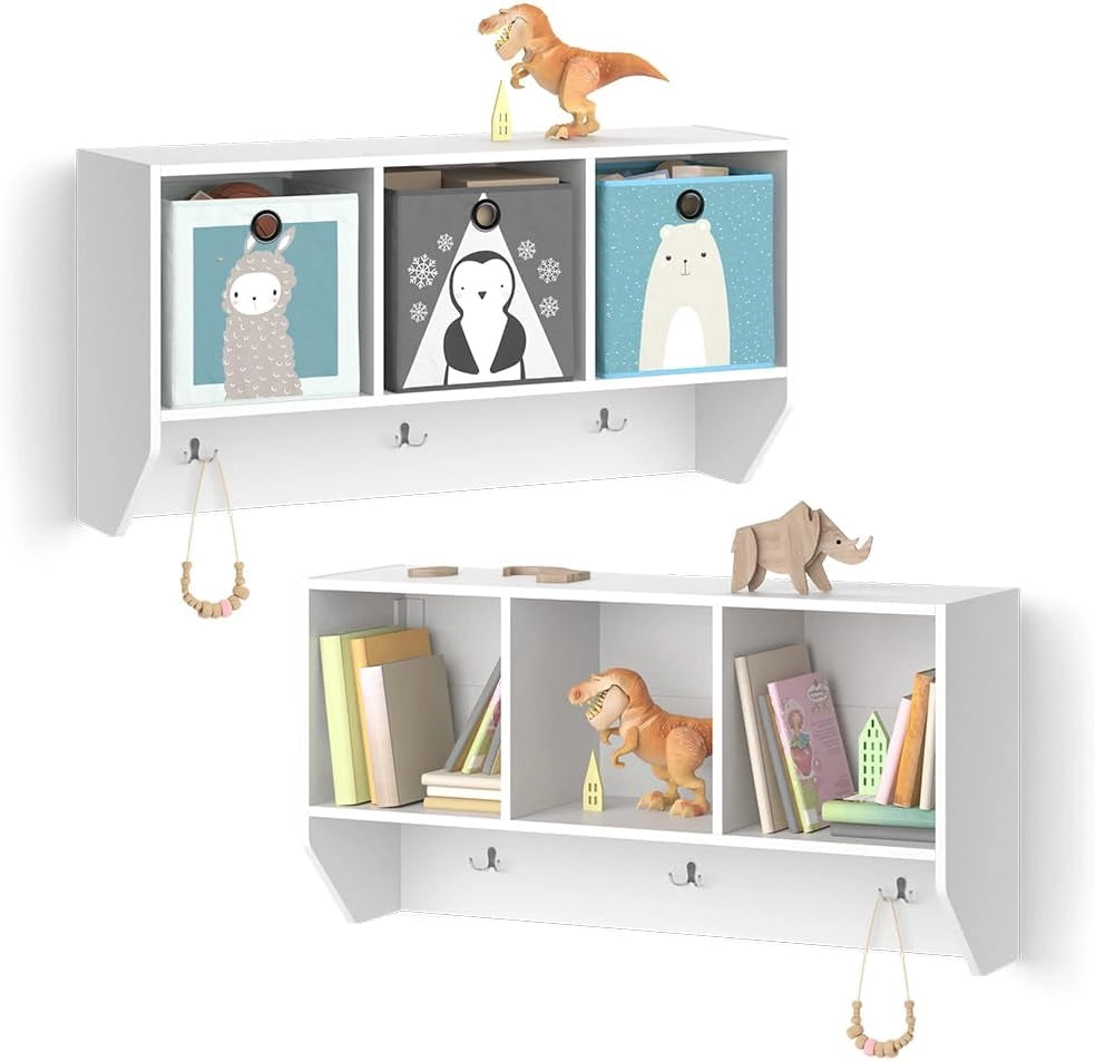 Scaffale a muro per bambini Luigi, Bianco, 107.2 x 56 cm, per montaggio a parete con ripiani aperti e ganci