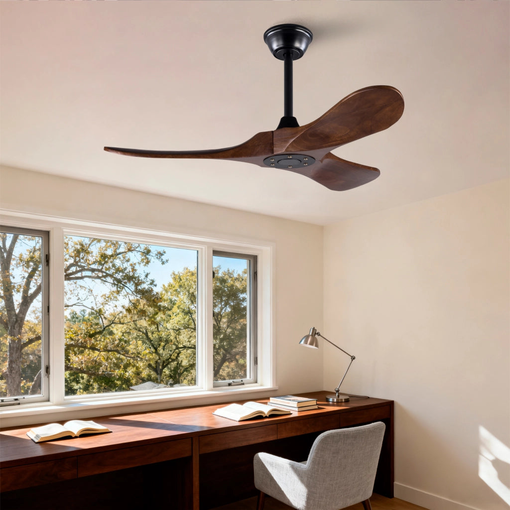 Ventilatore da soffitto 42 pollici, 3 pale legno, design ad elica, funzione memoria, telecomando, finitura noce, per terrazze e soggiorni