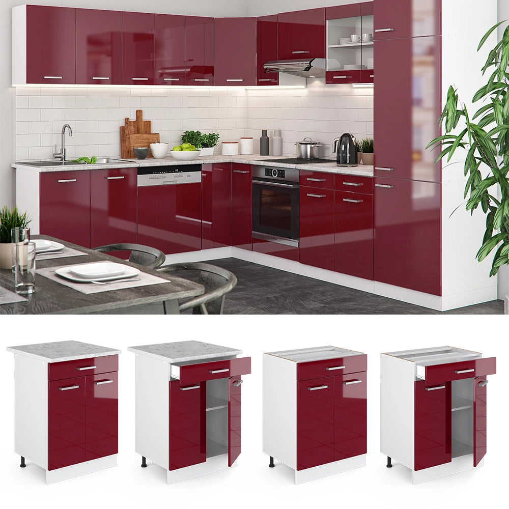 Vicco Mobiletto base per cucina Rosso lucido 60 cm con cassetto, senza piano di lavoro