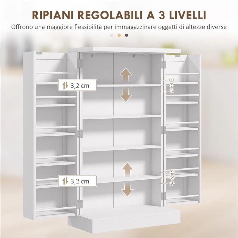 ARMADIO DA CUCINA CON 5 RIPIANI CENTRALI E 2 RIPIANI LATERALI A 6 LIVELLI, IN MDF, 60X30X104 CM, BIANCO
