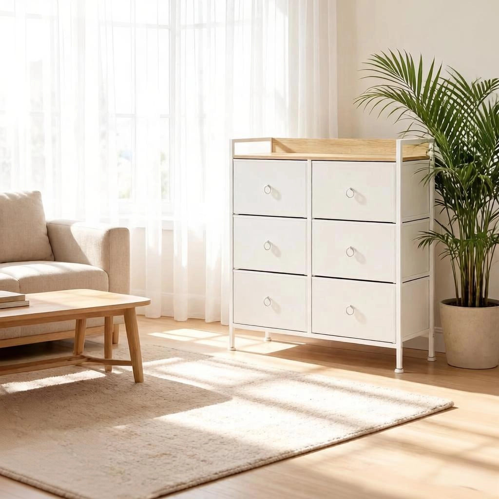 Comò con 6 cassetti in tessuto e struttura in metallo per camera da letto e soggiorno bianco 80 × 29 × 78 cm