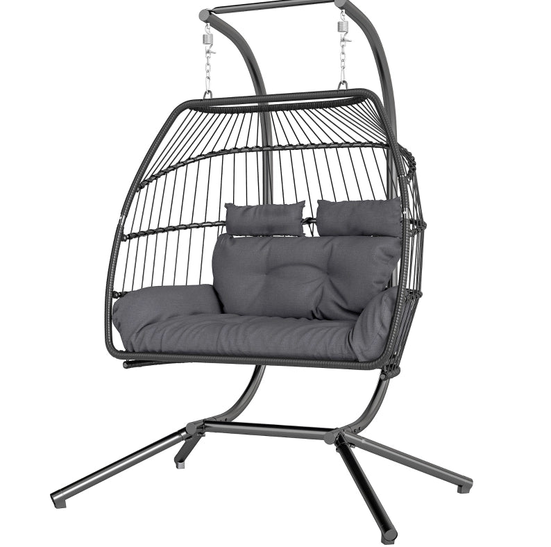 Sedia sospesa a 2 posti pieghevole in rattan; 170 x 100 x 185 cm; grigio scuro