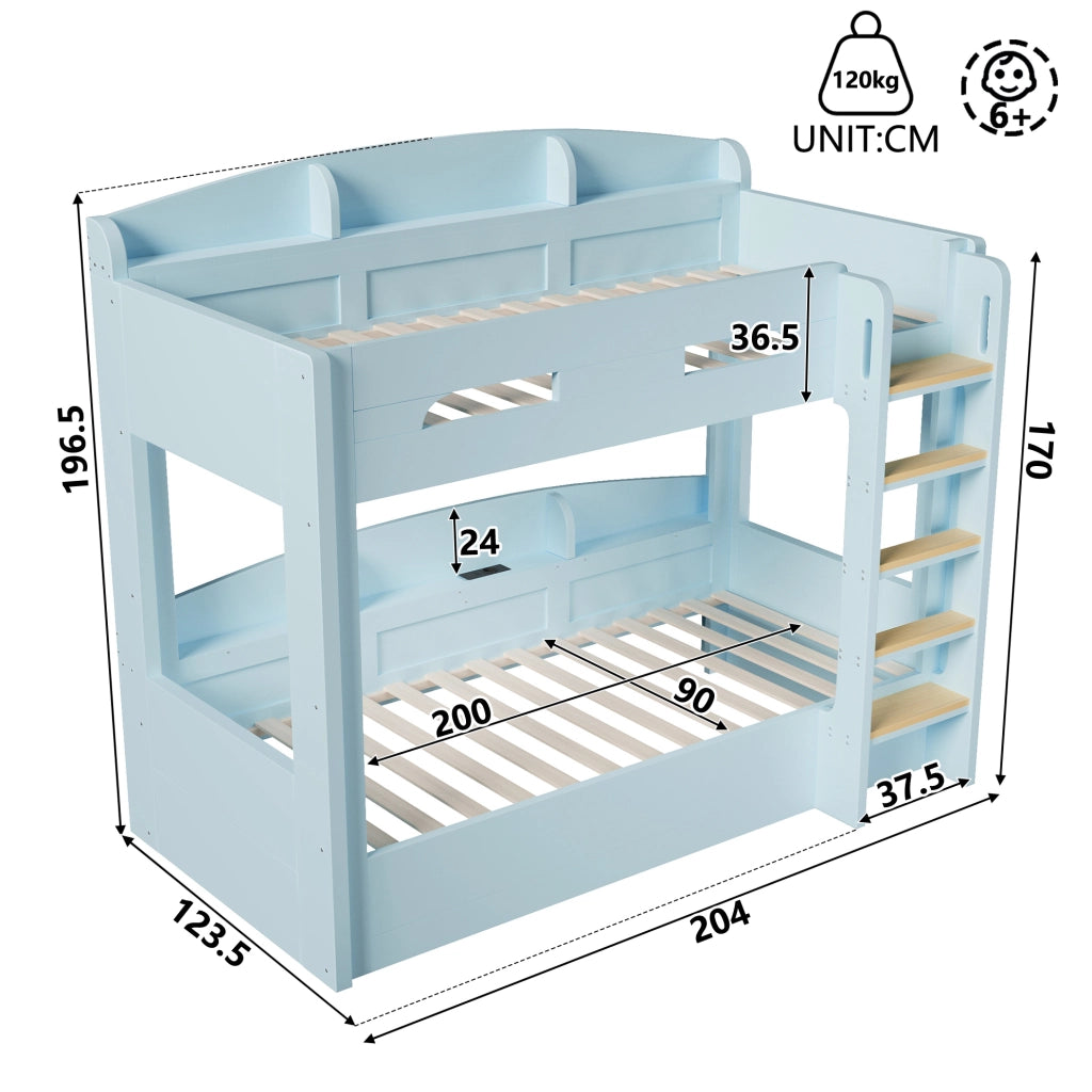 Letto a castello 90x200 cm blu con USB e ripiani