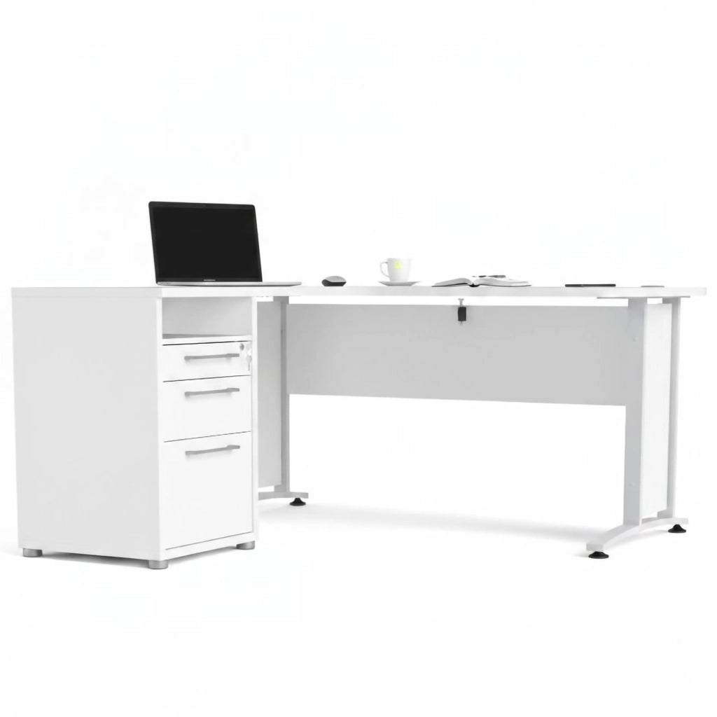 Scrivania Alfango, Scrittoio multiuso, Tavolo per ufficio porta PC, Piano di lavoro, 159x151 h75 cm, Bianco