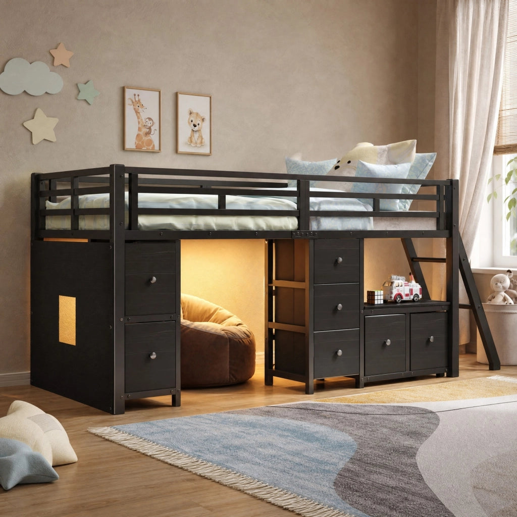 Letto a soppalco basso 90x200 cm con LED e 7 cassetti