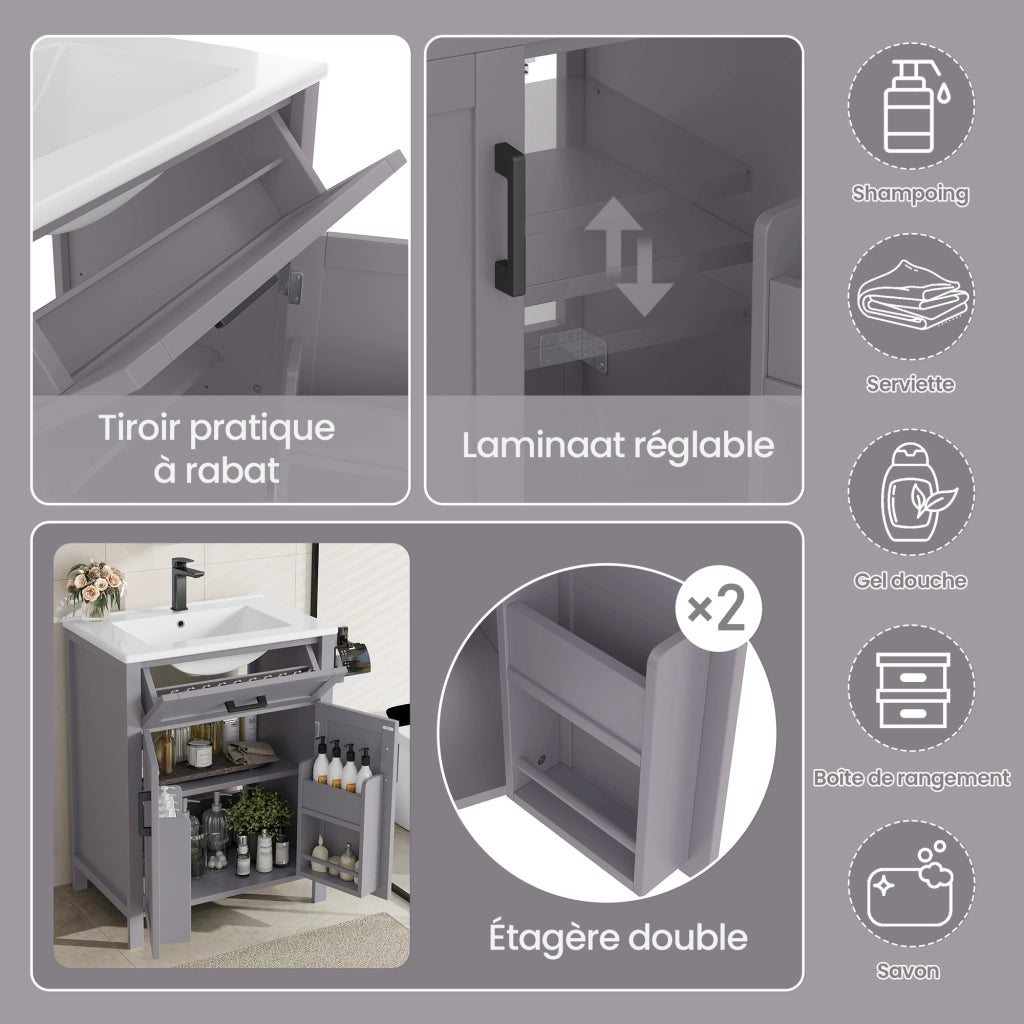 Mobile sottolavabo con lavabo in ceramica, 2 ante, 1 cassetto e ripiano regolabile, per bagno, grigio, 60 × 46 × 84,8 cm
