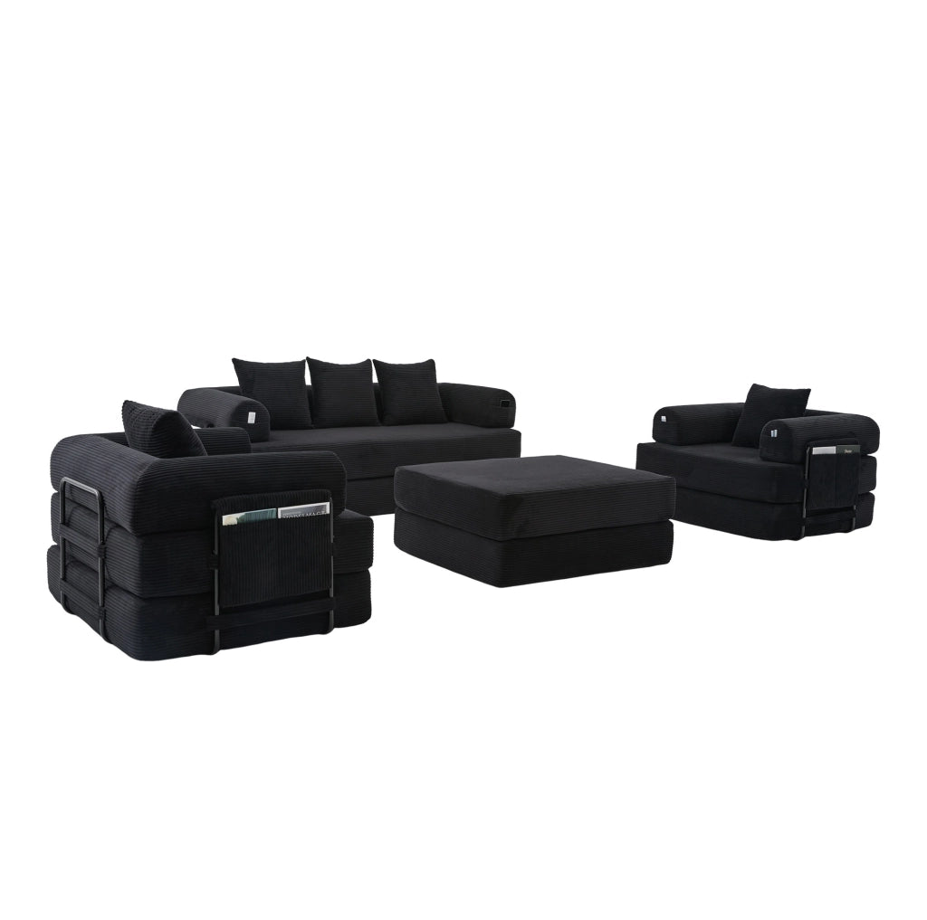 Divano modulare 4 posti ULEVR 200x190x67 cm con pouf, tasca laterale e 3 cuscini, velluto a coste nero