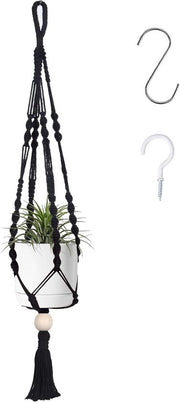 Piantiera - Piantiera con perle in legno - interna ed esterna - cesto per piante appeso - corda di cotone - 71 cm - nero