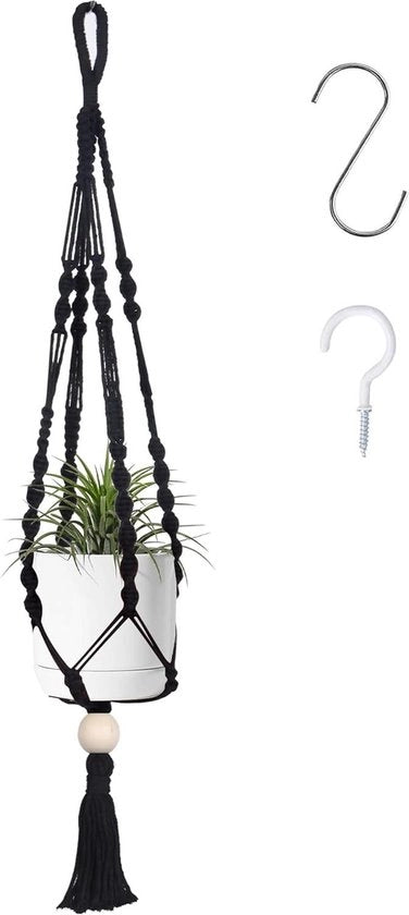 Piantiera - Piantiera con perle in legno - interna ed esterna - cesto per piante appeso - corda di cotone - 71 cm - nero