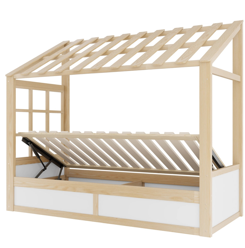 Letto per bambini 90x200 cm con contenitore idraulico e vani laterali in legno bianco e colore naturale