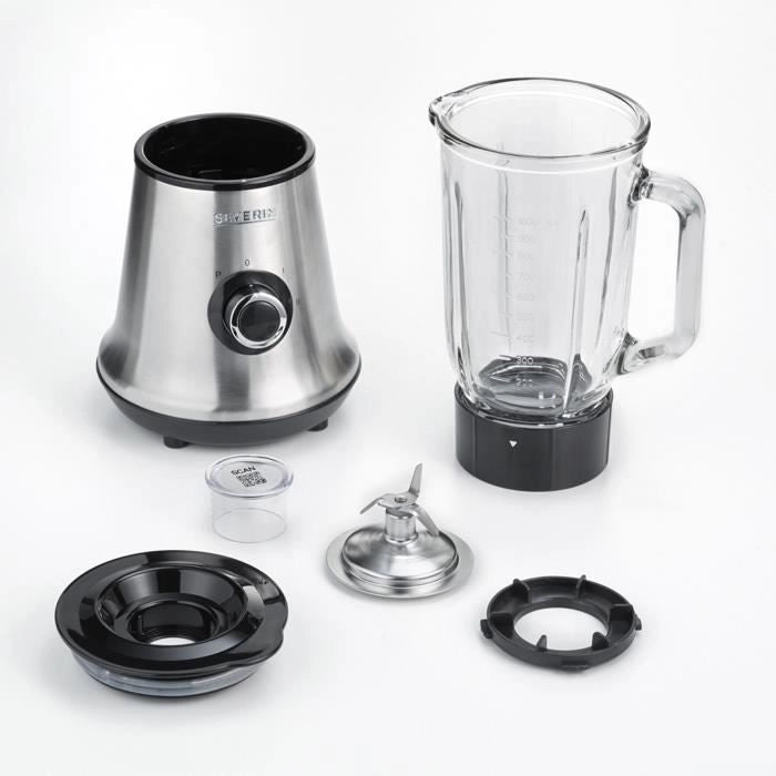 SEVERIN SM3734 Frullatore, contenitore in vetro rimovibile da 1 litro, 2 velocità + funzione impulso, 22.000 giri / min, vano cavo, acciaio inossidabile / Nero