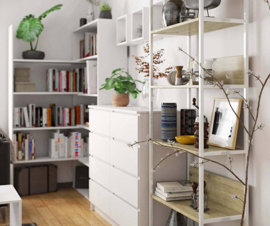 Scaffale stilo loft con ripiani in legno 70 cm Bianca 70 cm inserto frontale Quercia Artisan 70x32x192 cm