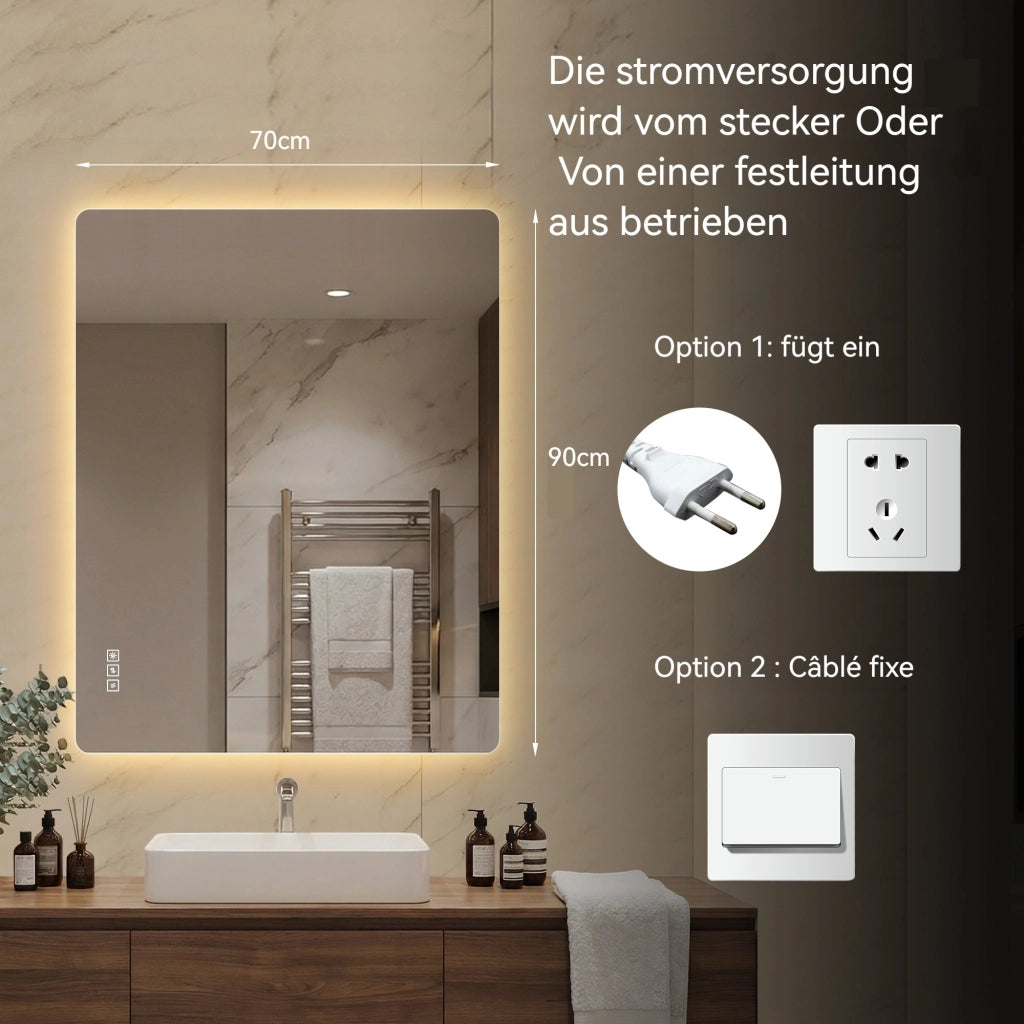 SPECCHIO LED 70x90 cm rettangolare in vetro e metallo argento, dimmerabile