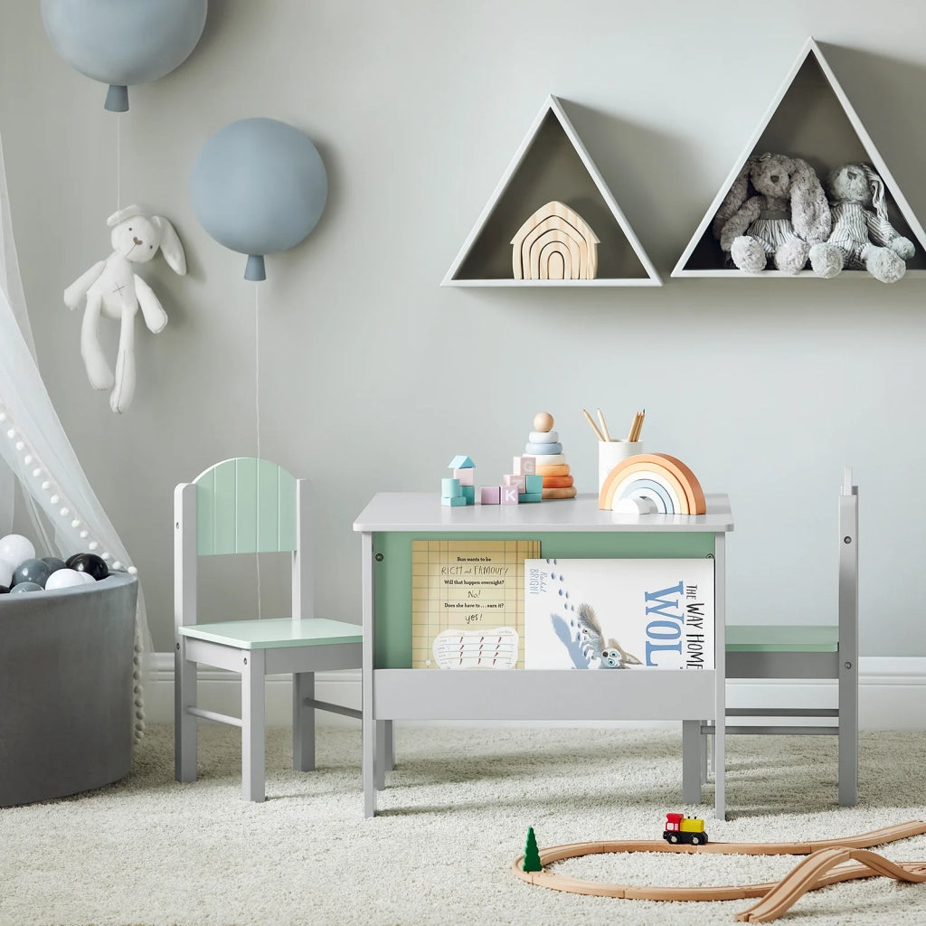 Tavolo Per Bambini Con 2 Sedie, Set Tavolo E 2 Sedie Per Bambini, Scrivania Per Bambini Con 2 Ripiani Laterali Per Libri Grigio Chiaro E Verde, KMB88-HG SoBuy