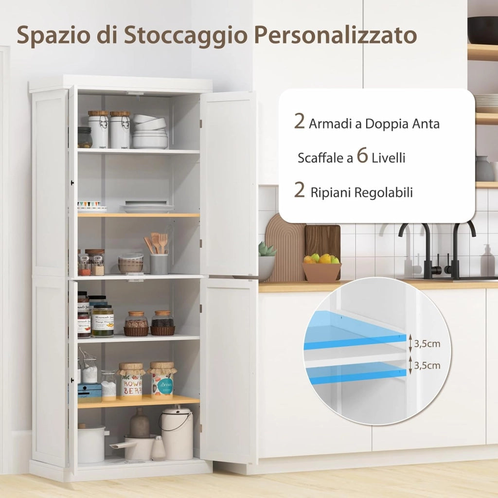 Credenza da Cucina, Mobile da Cucina Moderno con 6 Ripiani, 2 Ripiani Regolabili, per Cucina, Sala da Pranzo e Soggiorno, 76 x 40 x 184,5 cm (Bianco)