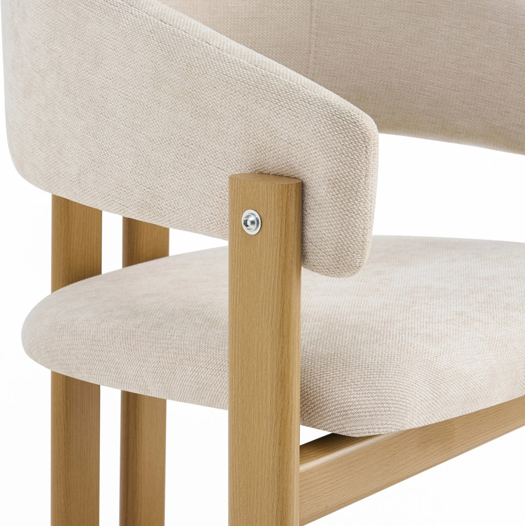 Set di 2 sedie da pranzo con braccioli; struttura in metallo effetto legno; tessuto lino beige