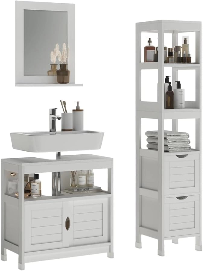 Set di mobili da bagno Vilda, Bianco, 60 cm, composto da mobile sottolavabo, specchiera e colonna alta