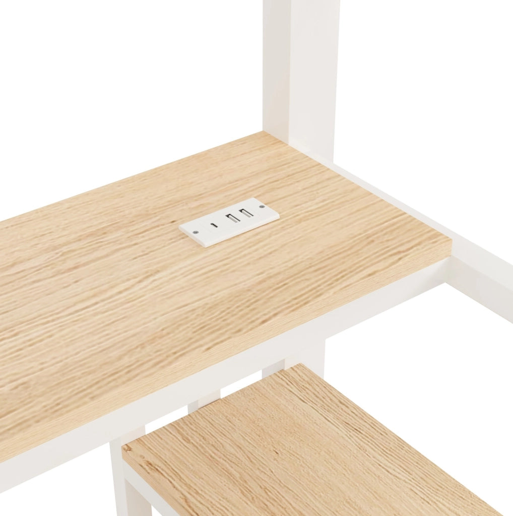 Letto a soppalco 90x200 cm con scrivania, LED e prese USB, bianco