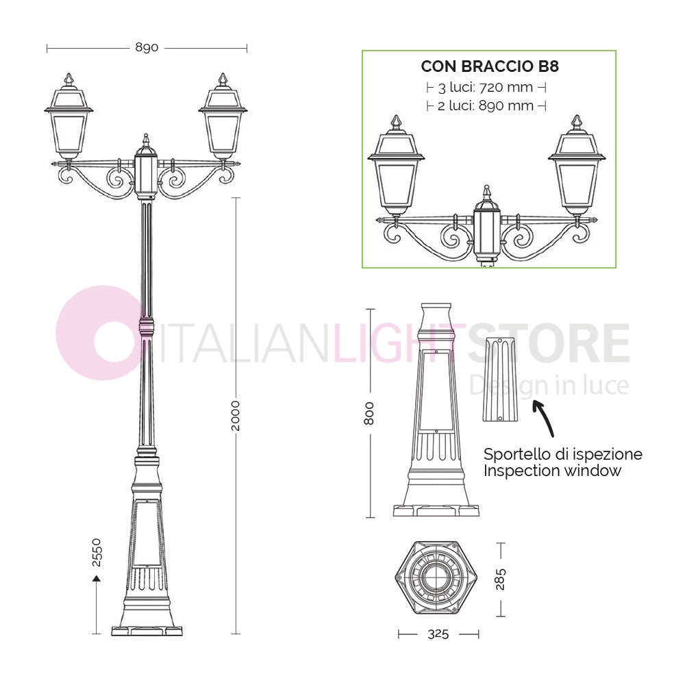 ARTEMIDE ANTRACITE Lampione h. 255 a 2 luci per Esterno Classico Lanterne Quadrate