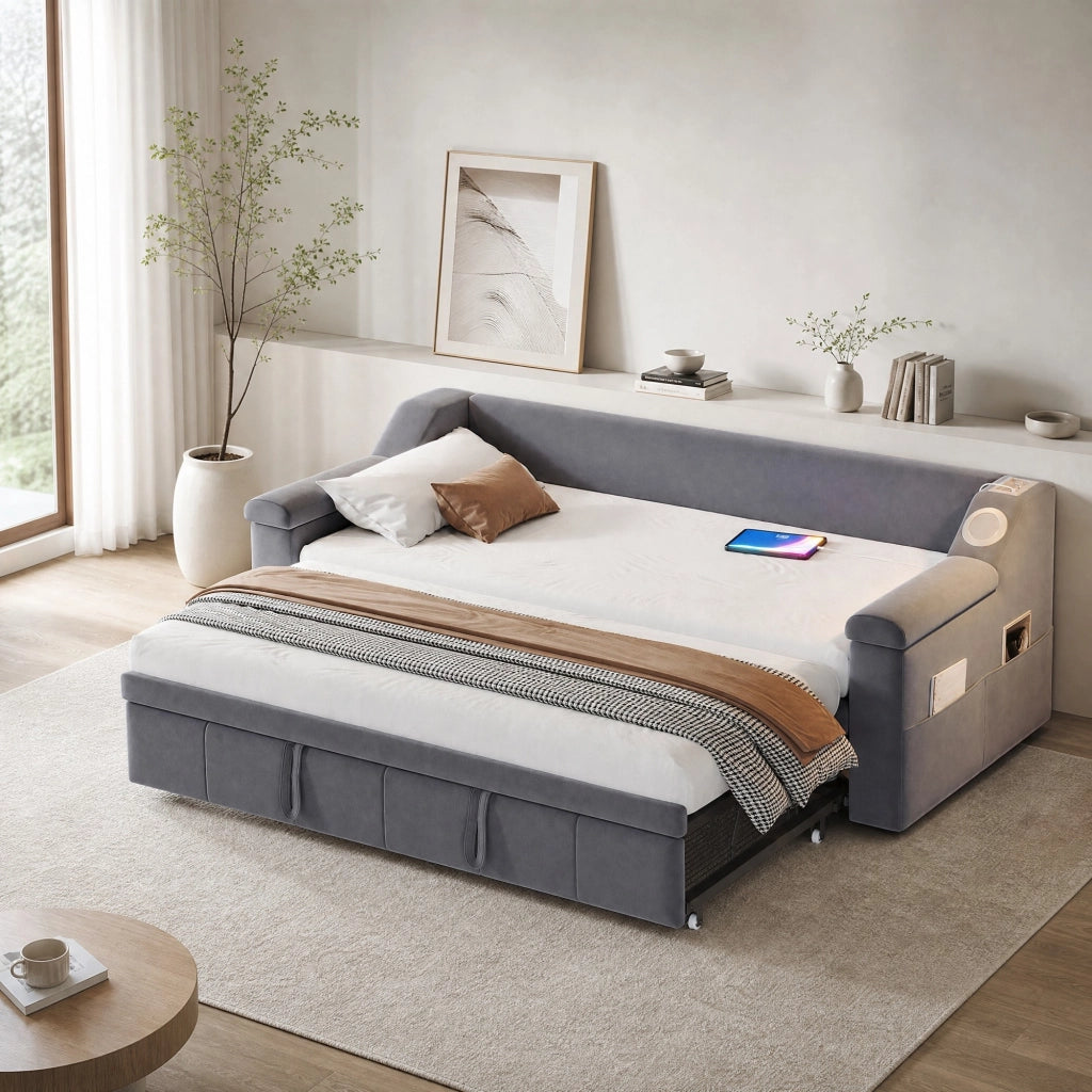 Divano letto imbottito 90/180x190 cm con Bluetooth; USB e vani contenitore; grigio