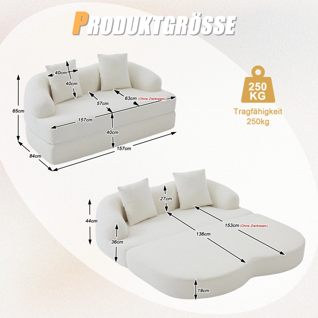 Divano letto 157x84x65 cm beige 2 posti in ciniglia con 2 cuscini