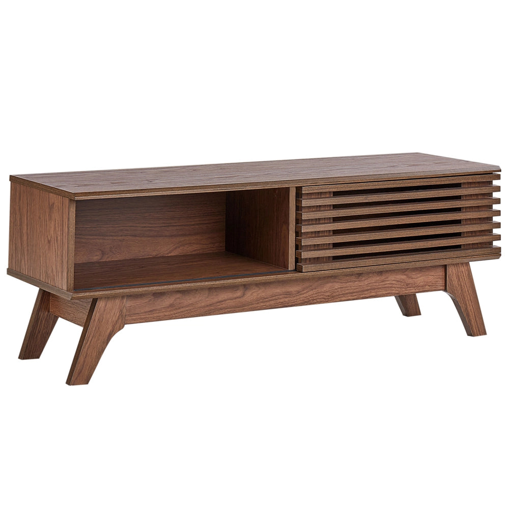 Mobile TV in legno scuro con vano portaoggetti anteriore a scorrimento stile moderno contemporaneo