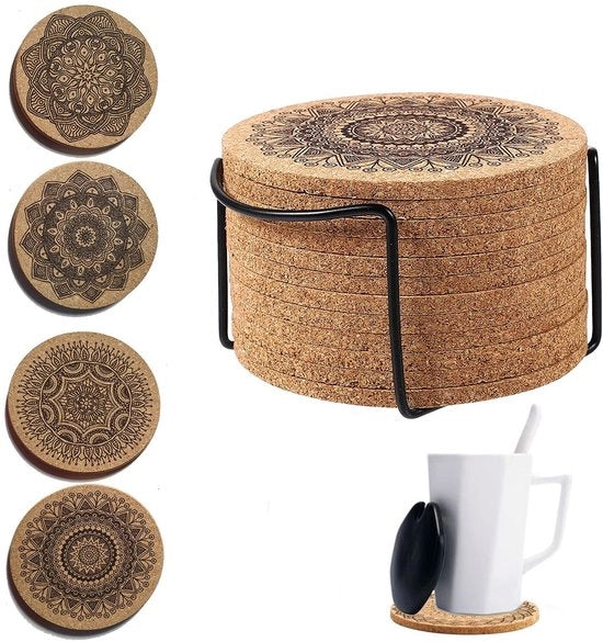 Onderzetters in Kurk - 12 Stuks - Onderzetters Absorbenti - Onderzetters con Supporto - Onderzetters per Vasi e Panni - Diametro 10 cm - Coaster