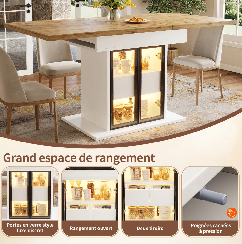 Tavolo da pranzo allungabile 110-140 x 80 cm con contenitore e LED RGB; bianco