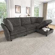 Divano modulare a L con pouf contenitore e cuscini in chenille grigio con braccioli ergonomici 4 5 posti
