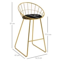 Set 2 Sgabelli da Bar Alti con Schienale e Poggiapiedi per Salotto o Cucina Stile Moderno, Cuscino in Velluto e Struttura in Metallo, 52.5x47x97cm, Nero e Oro