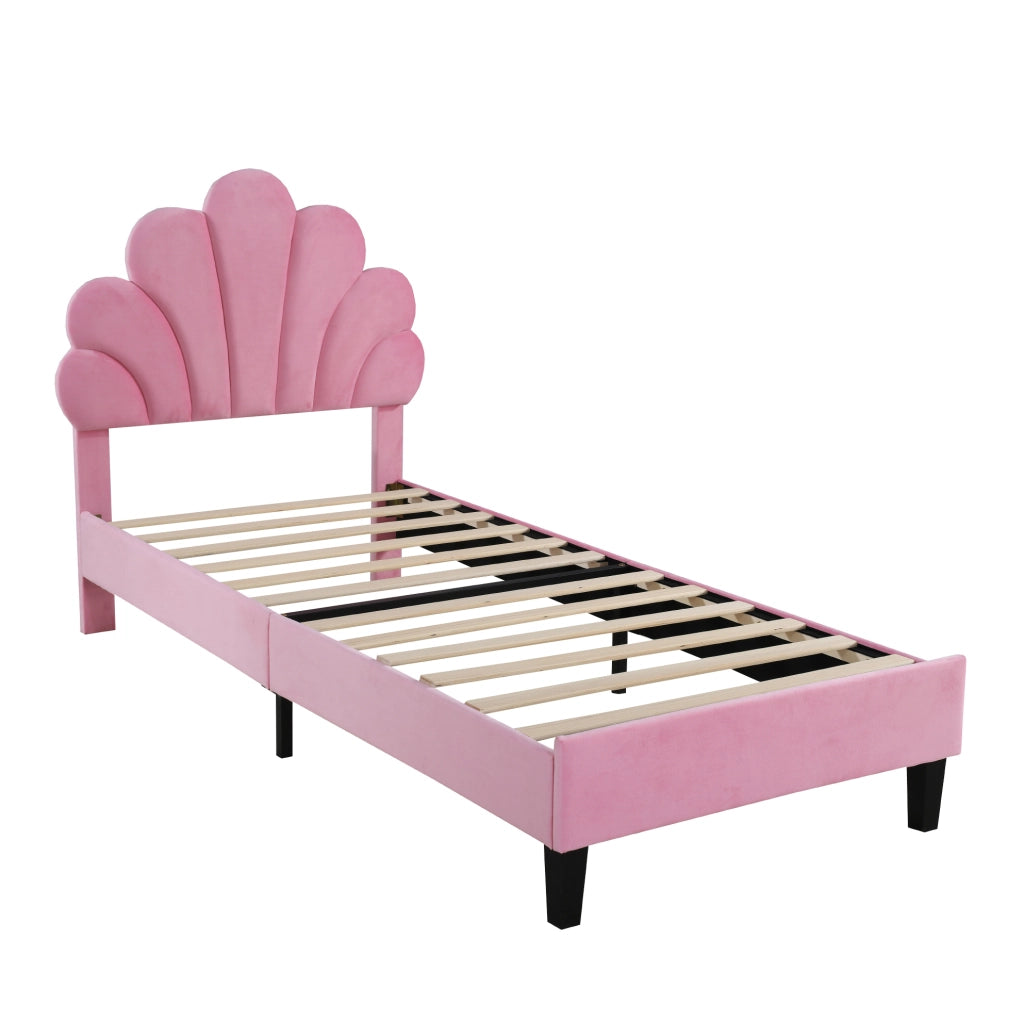 Letto imbottito 90x200 cm rosa con testiera a fiore e rete a doghe