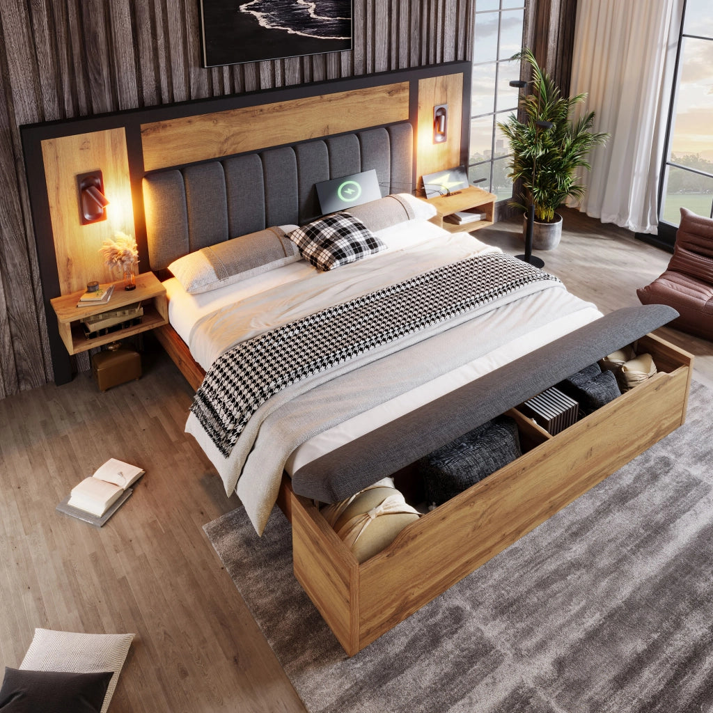 LETTO matrimoniale 160x200 cm con comodini, luci lettura e panca contenitore rovere