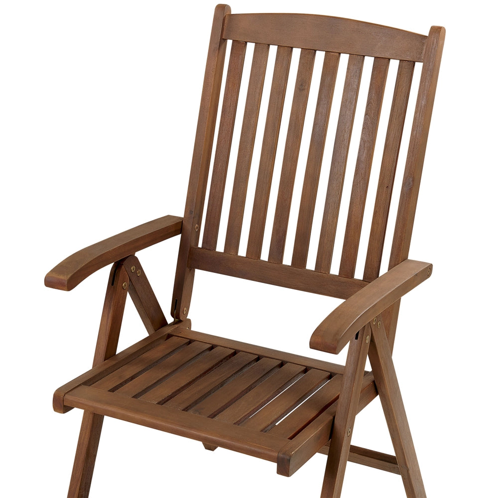 Set di 2 sedie da giardino in legno di acacia scuro naturale regolabili e pieghevoli per esterni con braccioli in stile rustico con cuscini blu