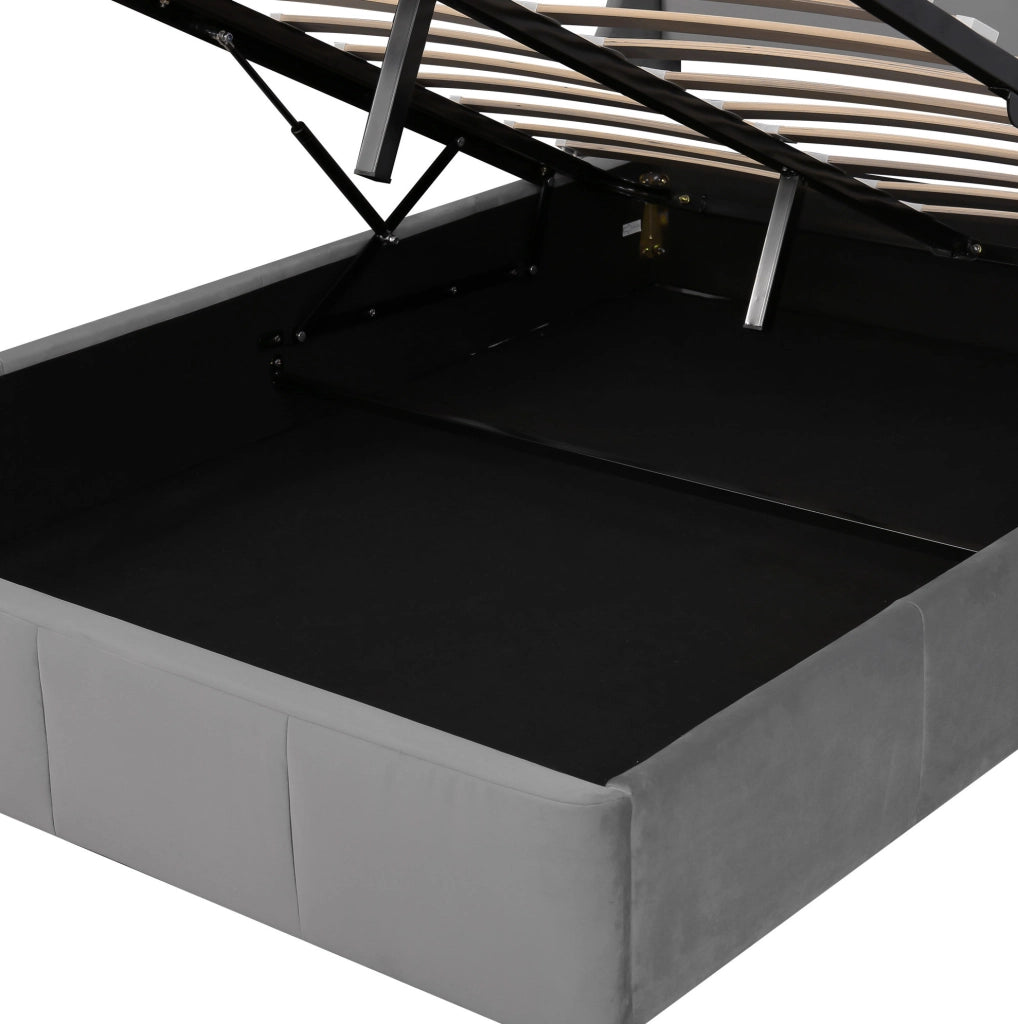 Letto imbottito 140x200 cm in velluto grigio con vano contenitore e rete a doghe