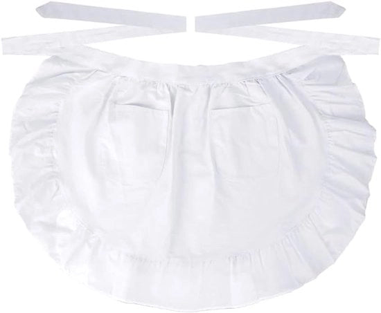 Costumi da serva a due pezzi con ruches e tasche, set di cappello e cuffia con bordi a maglia e pizzo, abito da serva, costume per ruolo, accessori per capelli