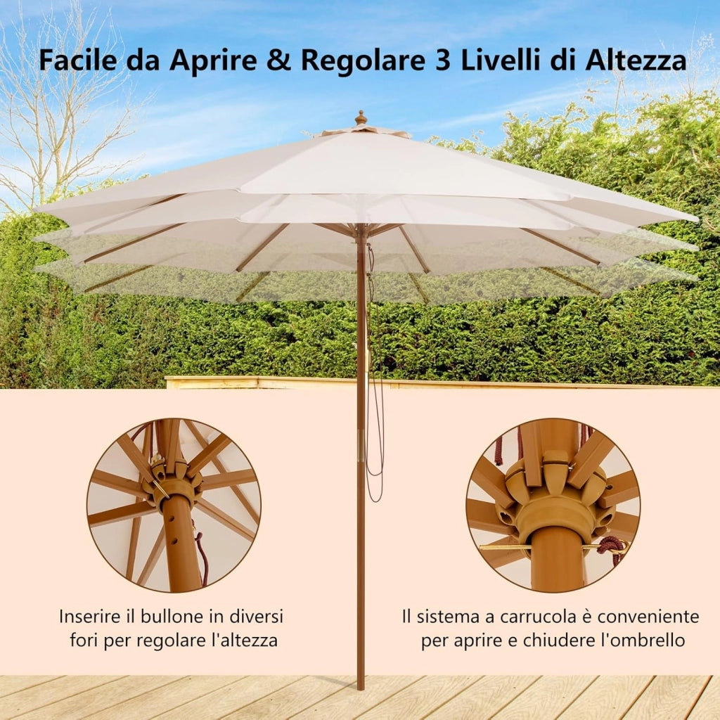 Ombrellone da Giardino 300 x 300 cm, Ombrellone Pieghevole con 8 Stecche di Bambù, 3 Altezze Regolabili, Ombrellone da Parasole Impermeabile, per Giardino Cortile Piscina (Beige)