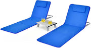 Set 2 Sdraio da Spiaggia con Tavolino, Tappettino Spiaggia Pieghevole con Schienale Reclinabile, Poggiatesta e Tasca Posteriore, Portatile con Manico, per Giardino e Campeggio (Blu)