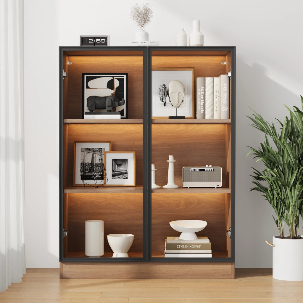 Vetrina in vetro con LED, finitura Natural Walnut, struttura in vetro e pannelli truciolari, 80 x 30 x 106 cm