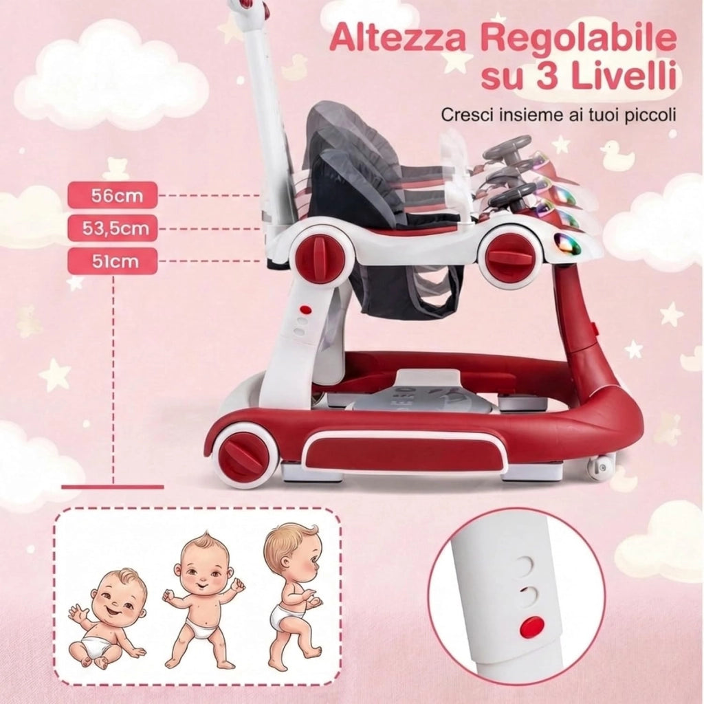 Girello per Bambini 6-in-1 Evolutivo, Centro Attività Pieghevole con Maniglia, Regolazione Altezza/Velocità, con Musica, Luci Tenda, per Neonati 6-18 Mesi (Rosso+Bianco)