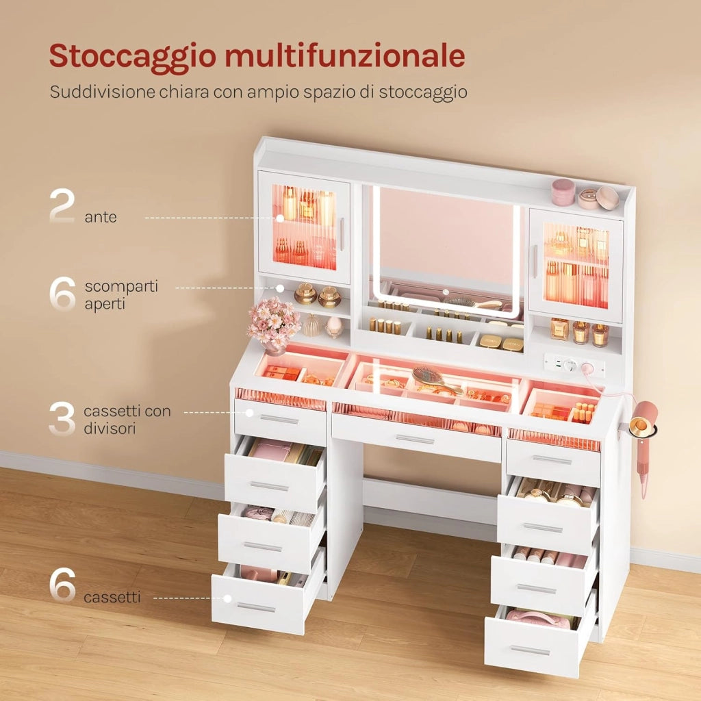 Toeletta con Specchio e LED Regolabili, 2 Armadietti con Ante e Luci RGB, 9 Cassetti e Multipresa, Piano in Vetro Temperato, Postazione Trucco, per Camera da Letto, Cabina Armadio, Bianco